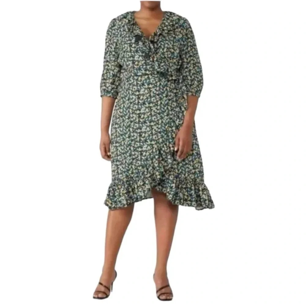 Eloquii x Jason Wu V-Neck Ditsy Floral Print Ruffled Wrap Dress Size 10